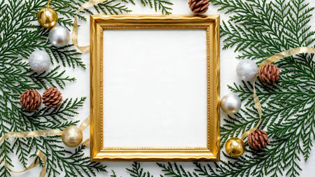 A minimal pine-and-metallic border offering a clean Christmas visual for invitations or cards.の写真素材