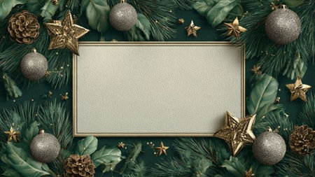 A luxurious festive border combining elegant gold spheres and reflective silver ornaments around...