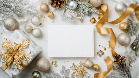 A luxurious Christmas border featuring deep green pine branches, golden ribbon swirls, and shimmering silver ornaments framing a bright white center.の写真素材