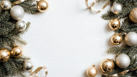 Classic Christmas pine frame with polished metallic decorations arranged around a white center.の写真素材