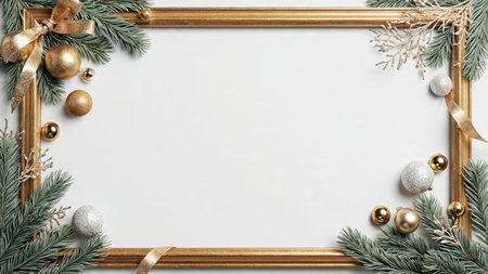 A clean holiday mockup featuring natural pine textures decorated with small metallic details.