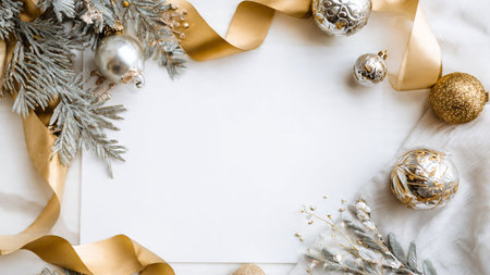 Bright Christmas design framed with gold and silver baubles nestled in pine branches.の写真素材