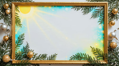 Lush and elegant holiday greenery border with classic gold and silver Christmas ornaments.の写真素材