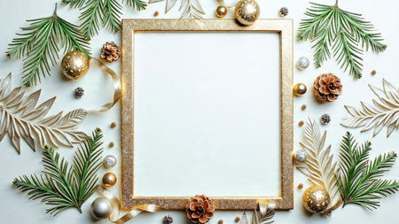 Rich pine foliage frame with balanced metallic holiday accents.の写真素材