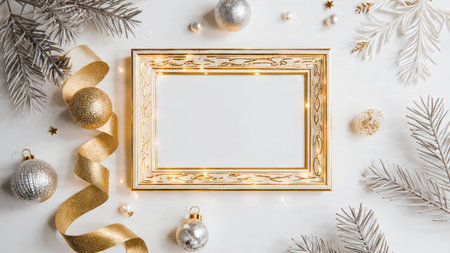 A soft Christmas border featuring gold stars and silver glitter balls nestled among pine leaves.の写真素材