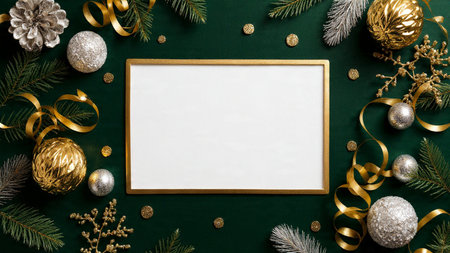 Christmas layout featuring shining silver spheres and warm gold accents set over pine foliage.の写真素材