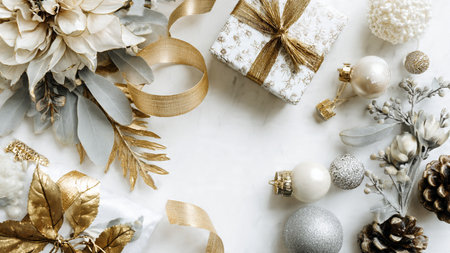 Elegant festive border featuring symmetrical pine needles, shimmering gold stars, and silver baubles framing a clean white background.の写真素材