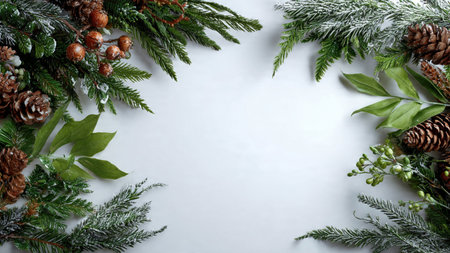 A warm decorative border with pine foliage, pinecones, and shimmering metallic pieces.の写真素材