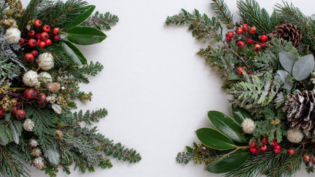A soft-lit Christmas edge featuring pinecones, ribbons, and metallic baubles framing the center.の写真素材