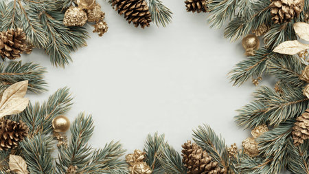 Symmetrical holiday frame with glossy baubles and deep green pine.