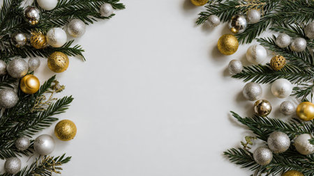 Winter border with shimmering gold accents and silver sparkles over pine greenery.の写真素材
