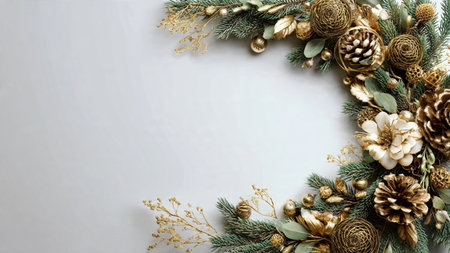Luxurious pine arrangement with premium gold and silver holiday decorations forming a festive frame.の写真素材