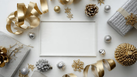 A sparkling holiday design with winter greenery and shimmering ornaments lining a crisp center...