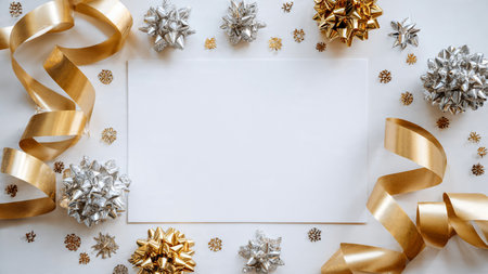 Premium Christmas flat lay using golden ribbons, pinecones, and silver ornaments forming a balanced border.