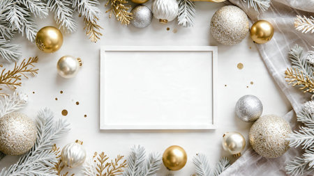 Holiday border with dense pine clusters and glittering decorations around a clean center.の写真素材