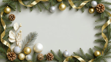 Fresh festive frame with pine sprigs and shimmering holiday objects.