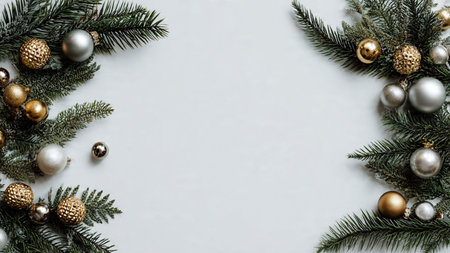 Elegant festive frame with layered pine needles, gold stars, and silver ornaments.の写真素材