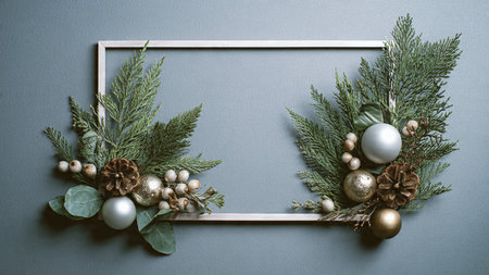 Deluxe holiday border with warm golden tones and bright silver ornaments.の写真素材