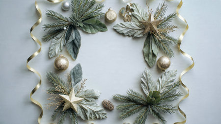 A modern decorative border combining fresh pine textures with glossy gold and silver baubles.の写真素材