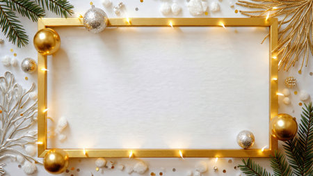 A minimalist design featuring winter greenery and metallic ribbons framing an open white zone.