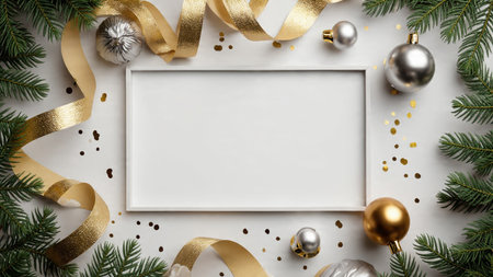 Pine border enhanced with shimmering decorations and soft glow lighting.の写真素材