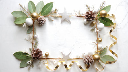 A vibrant pine frame decorated with glossy gold and reflective silver baubles on both sides.の写真素材