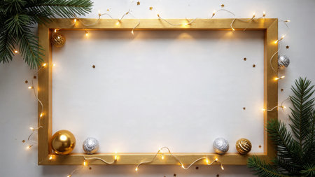 Seasonal festive layout with golden accents woven through pine branches.の写真素材