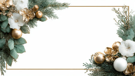 A clean holiday layout featuring lush green pine and glittering ornaments.の写真素材