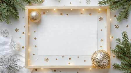 Clean Christmas design with natural pine textures and simple metallic decorative elements.の写真素材