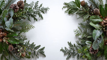 A subtle winter border with pine greenery and soft metallic ornament accents.