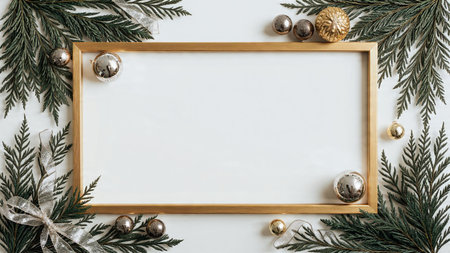 Soft festive border with curled gold ribbons and natural winter greenery.の写真素材