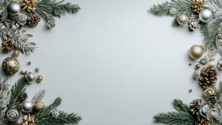 Balanced pine border featuring polished silver spheres and elegant gold stars.の写真素材