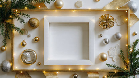 A classic Christmas mockup with evenly spaced pine branches and shimmering ornaments along both sides.の写真素材