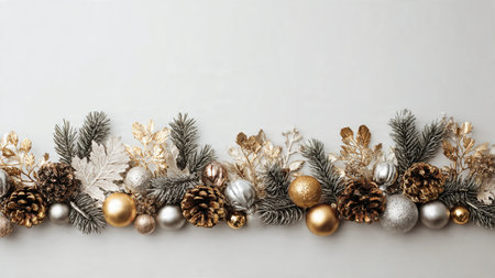 Winter foliage frame with gold stars and delicate silver spheres.