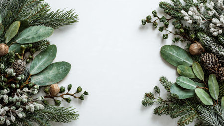 A holiday-themed product mockup adorned with gold ribbons and silver balls among lush pine.の写真素材