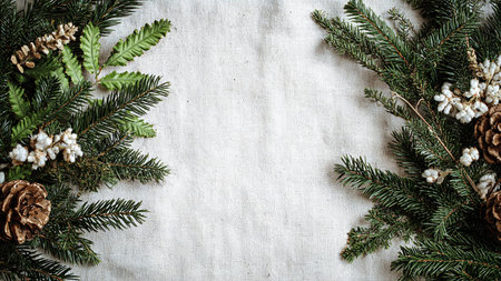 A decorative frame made of detailed pine needles and sparkling gold accents on a bright white backdrop.の写真素材