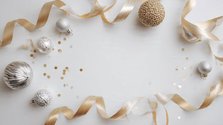 A soft, elegant frame with pine greenery and metallic decorations arranged gently around the center.の写真素材