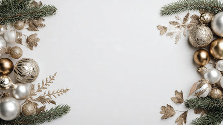 Classic pine arrangement with gold ribbon accents and silver decorative spheres.の写真素材