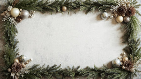 A clean holiday composition with lush pine needles and metallic ribbons arranged around a blank, glowing white space.の写真素材