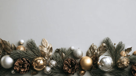 Modern festive layout featuring bold pine foliage decorated with sparkling ornaments.