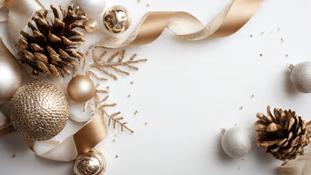 A festive winter-green frame with glittering balls and gold ribbon twists creating a refined holiday edge.の写真素材