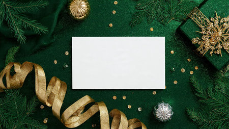 Symmetrical pine border highlighting gold and silver decorations around a clean white middle.の写真素材