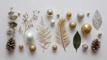 Christmas border with layered pine sprigs, silver baubles, and delicate gold ribbons.の写真素材