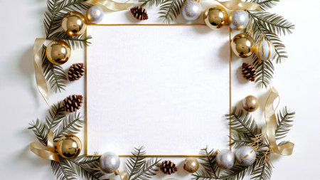 A luxurious festive border combining elegant gold spheres and reflective silver ornaments around clean negative space.の写真素材