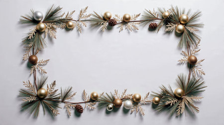 A premium flat-lay pine border featuring shimmering stars and baubles.