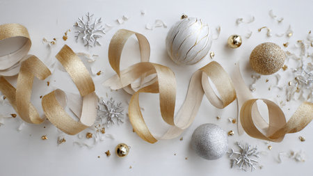 Classic pine arrangement with gold ribbon accents and silver decorative spheres.の写真素材