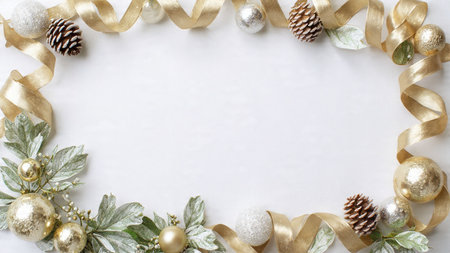 Luxurious pine arrangement with premium gold and silver holiday decorations forming a festive frame.の写真素材