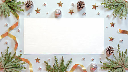 Bright pine composition framed with golden holiday ornaments and soft silver accents.