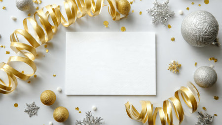 Holiday frame glowing with golden stars and sparkling silver spheres placed over deep green pine.の写真素材