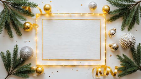 A luxurious Christmas border featuring deep green pine branches, golden ribbon swirls, and shimmering silver ornaments framing a bright white center.の写真素材